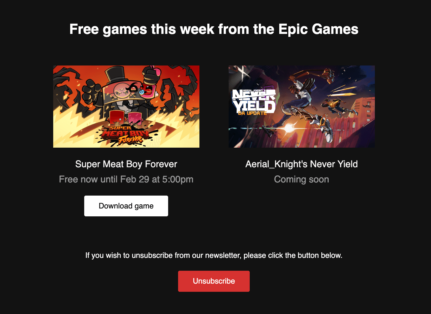 Image that showcases how Epic Free Games Mail shows the games in an email
